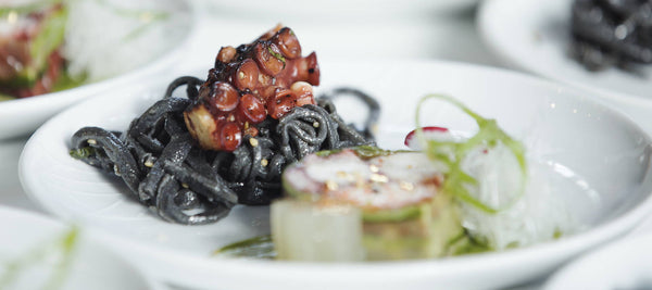 Octopus terrine and Tea marinade with squid ink soba, green sea fans, braised daikon, shiso wakame puree, nigori sake gelee, cucumber wrapped dinner recipe 