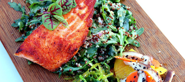healthy easy dinner recipe with salmon marinade and greens 