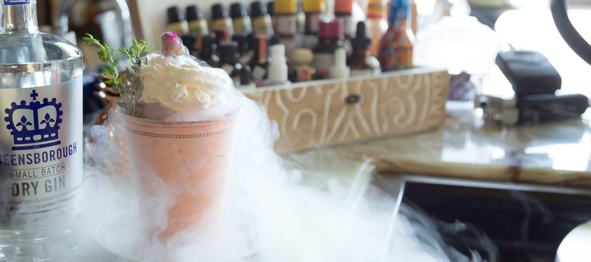 liquid nitrogen baked donut dessert recipe with queensborough gin, cherry puree, lime, and organic vanilla rooibos herbal tea